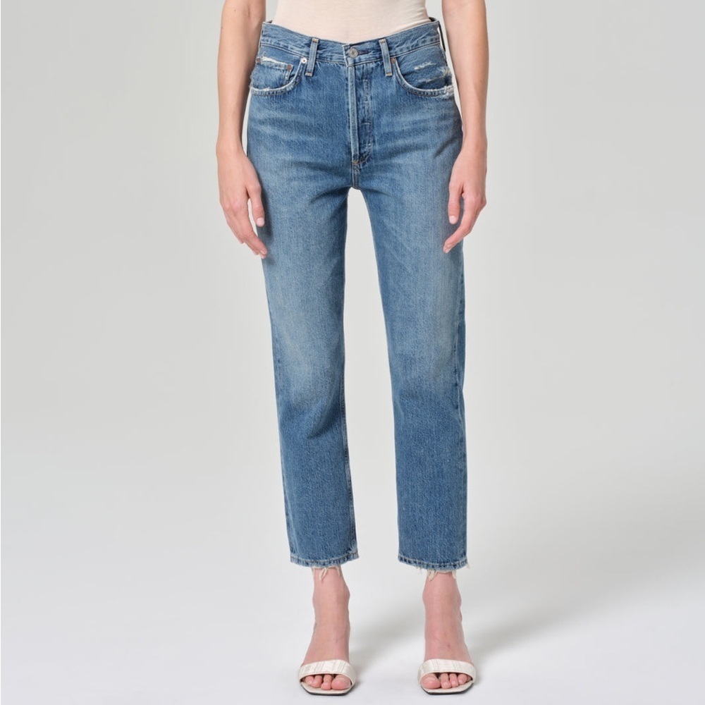 Agolde medium blue wash Riley Crop high rise straight ankle jeans - 24 W 26 L